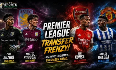 Premier League transfer graphic featuring Aston Villa, Arsenal and Manchester United moves involving Zion Suzuki, Matteo Ruggeri, Ezri Konsa and Carlos Baleba.