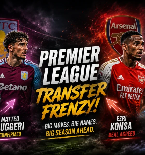 Premier League transfer graphic featuring Aston Villa, Arsenal and Manchester United moves involving Zion Suzuki, Matteo Ruggeri, Ezri Konsa and Carlos Baleba.