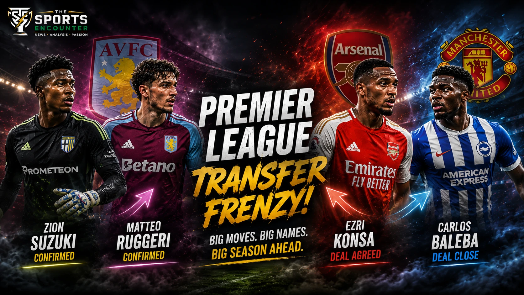 Premier League transfer graphic featuring Aston Villa, Arsenal and Manchester United moves involving Zion Suzuki, Matteo Ruggeri, Ezri Konsa and Carlos Baleba.