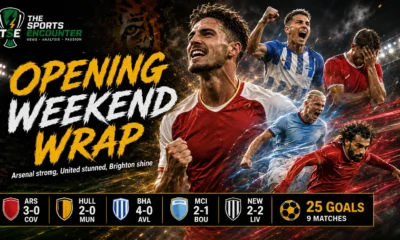 Premier League opening weekend graphic featuring Arsenal, Manchester United, Brighton, Manchester City and Liverpool after a dramatic start to the 2026-27 season.