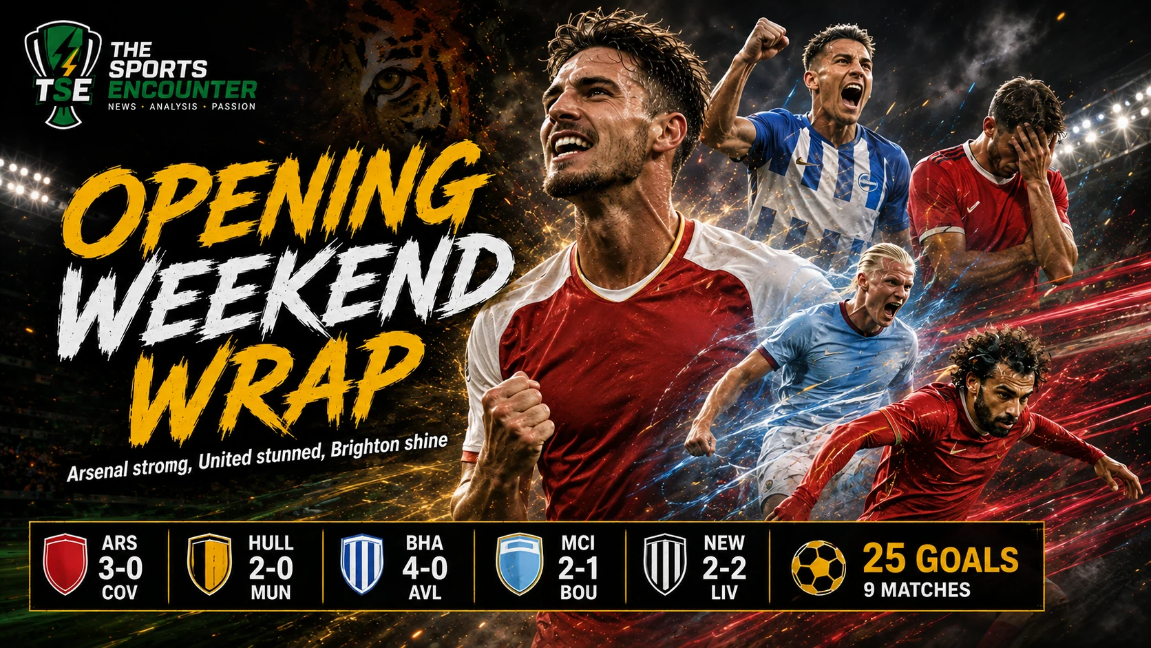 Premier League opening weekend graphic featuring Arsenal, Manchester United, Brighton, Manchester City and Liverpool after a dramatic start to the 2026-27 season.