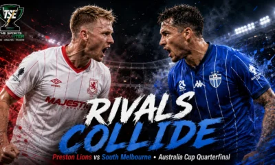 Preston Lions and South Melbourne players face off in a cinematic Australia Cup 2026 quarterfinal setting ahead of their August 26 clash at Genis Steel Stadium.