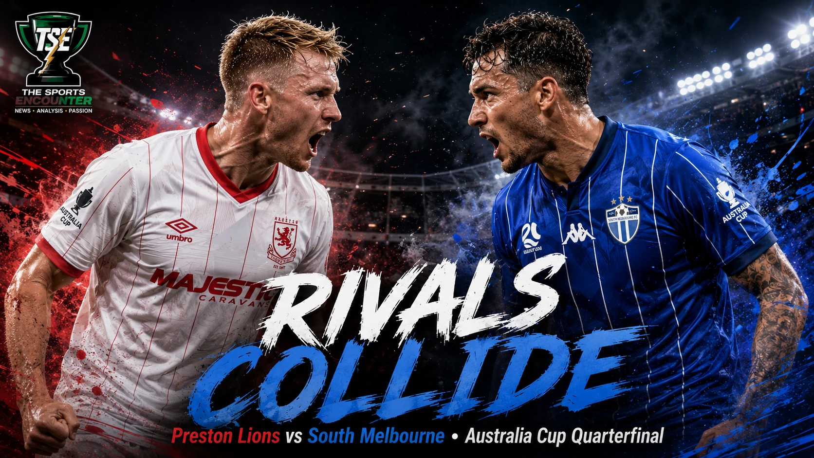 Preston Lions and South Melbourne players face off in a cinematic Australia Cup 2026 quarterfinal setting ahead of their August 26 clash at Genis Steel Stadium.
