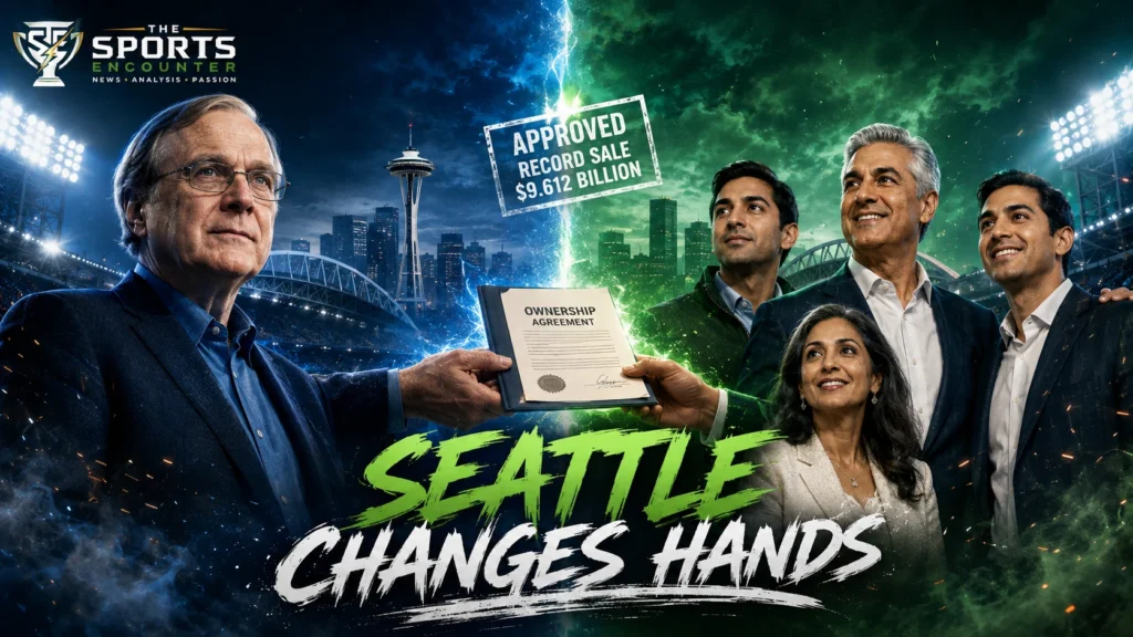 Seattle Seahawks ownership graphic featuring the franchise’s transition from the Paul Allen era to the Khosla family following approval of the record $9.612 billion sale.