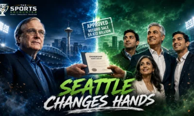 Seattle Seahawks ownership graphic featuring the franchise’s transition from the Paul Allen era to the Khosla family following approval of the record $9.612 billion sale.
