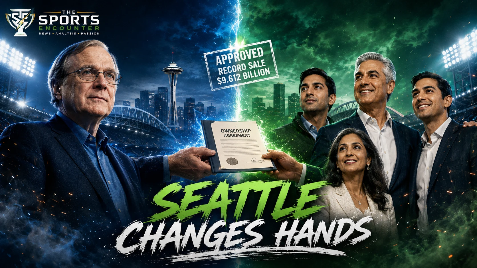 Seattle Seahawks ownership graphic featuring the franchise’s transition from the Paul Allen era to the Khosla family following approval of the record $9.612 billion sale.