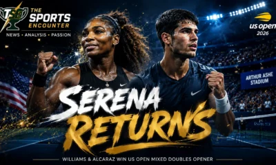 Serena Williams and Carlos Alcaraz celebrate their 2026 US Open mixed doubles victory at Arthur Ashe Stadium.