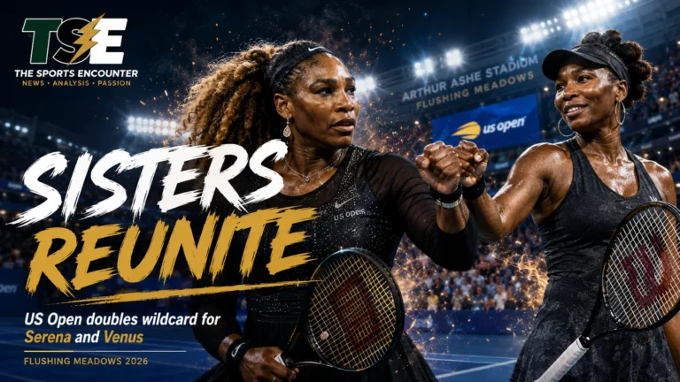 Serena and Venus Williams competing together in women’s doubles ahead of their 2026 US Open wildcard return in New York.