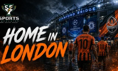 Shakhtar Donetsk players in a cinematic Stamford Bridge setting ahead of their 2026-27 Champions League home matches in London.