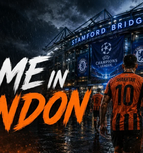 Shakhtar Donetsk players in a cinematic Stamford Bridge setting ahead of their 2026-27 Champions League home matches in London.