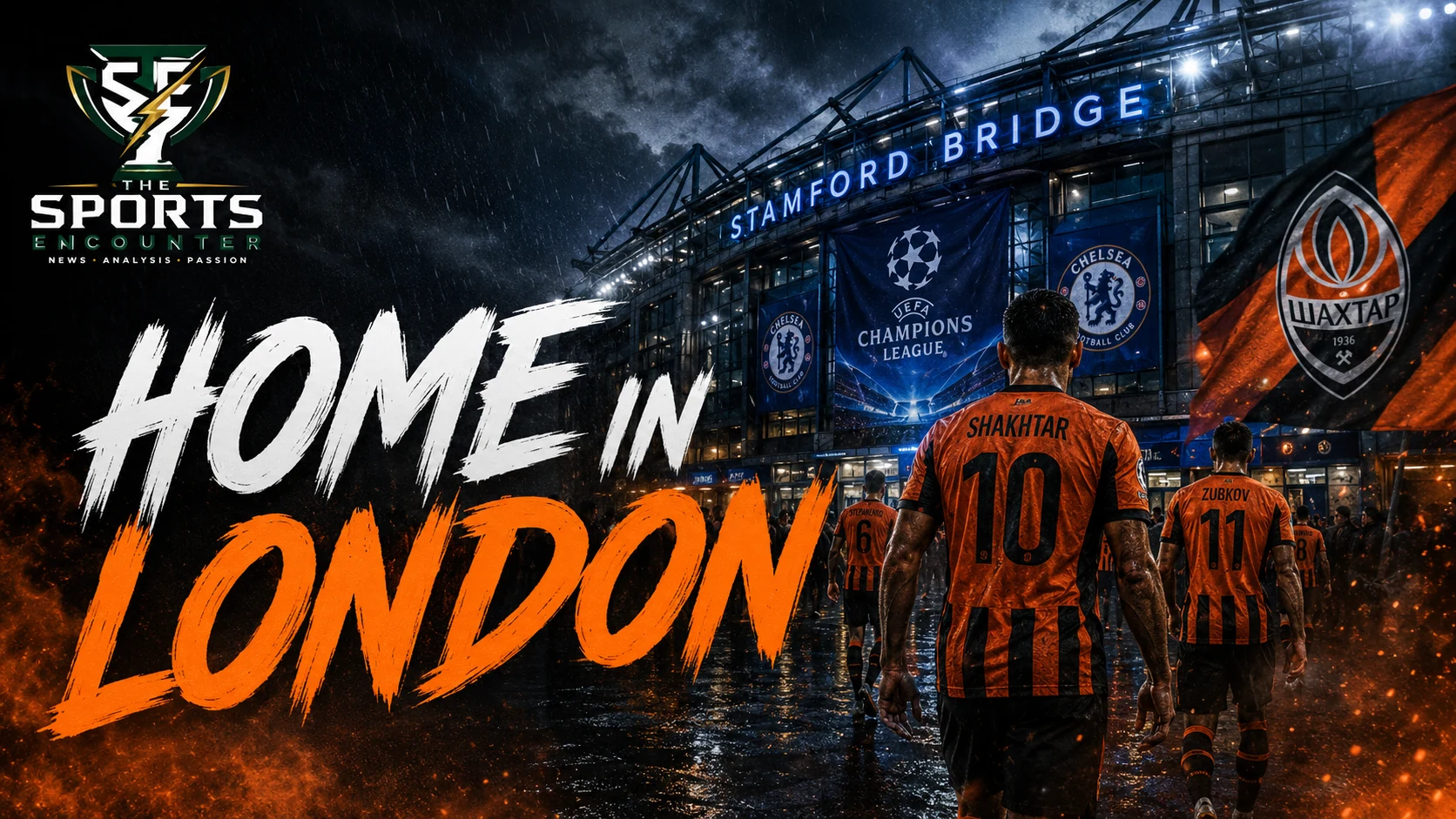 Shakhtar Donetsk players in a cinematic Stamford Bridge setting ahead of their 2026-27 Champions League home matches in London.