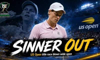Jannik Sinner in a cinematic US Open setting after withdrawing from the 2026 tournament with a persistent right knee injury.