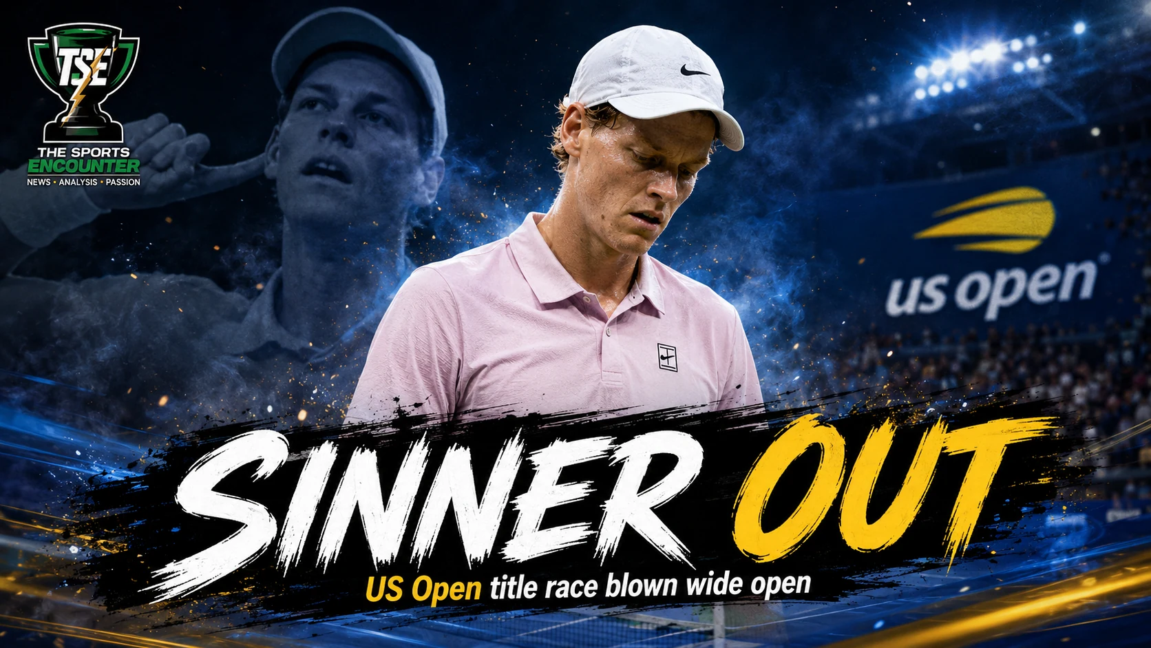 Jannik Sinner in a cinematic US Open setting after withdrawing from the 2026 tournament with a persistent right knee injury.
