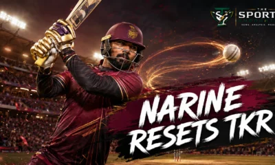 Sunil Narine plays an attacking shot in TKR colors as a spinning cricket ball traces a golden path across a floodlit Queen’s Park Oval.