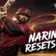 Sunil Narine plays an attacking shot in TKR colors as a spinning cricket ball traces a golden path across a floodlit Queen’s Park Oval.