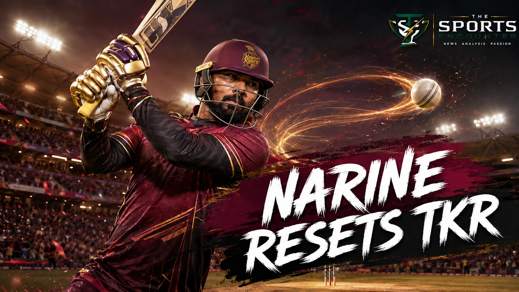 Sunil Narine plays an attacking shot in TKR colors as a spinning cricket ball traces a golden path across a floodlit Queen’s Park Oval.