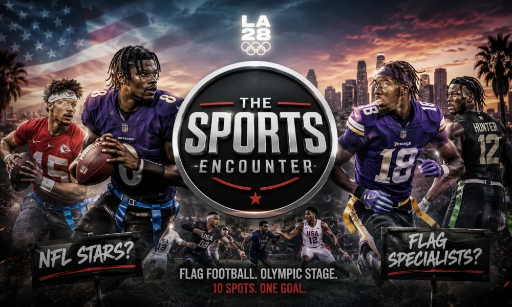 Team USA flag football concept featuring NFL stars and flag football specialists competing for places on the 10-man LA28 Olympic roster.