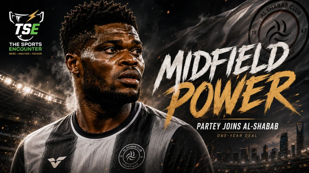 Thomas Partey pictured in a football stadium graphic marking his move to Saudi Pro League club Al-Shabab on a one-year contract.