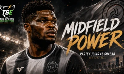 Thomas Partey pictured in a football stadium graphic marking his move to Saudi Pro League club Al-Shabab on a one-year contract.