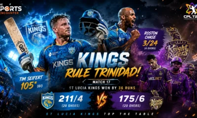 Tim Seifert celebrates his unbeaten century for St Lucia Kings as Roston Chase helps seal a 36-run win over Trinbago Knight Riders in CPL 2026 Match 17.