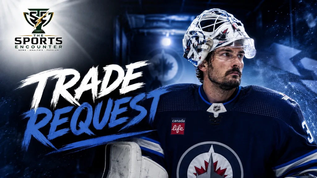 Connor Hellebuyck in Winnipeg Jets colors as his trade request raises major questions about the franchise’s future.