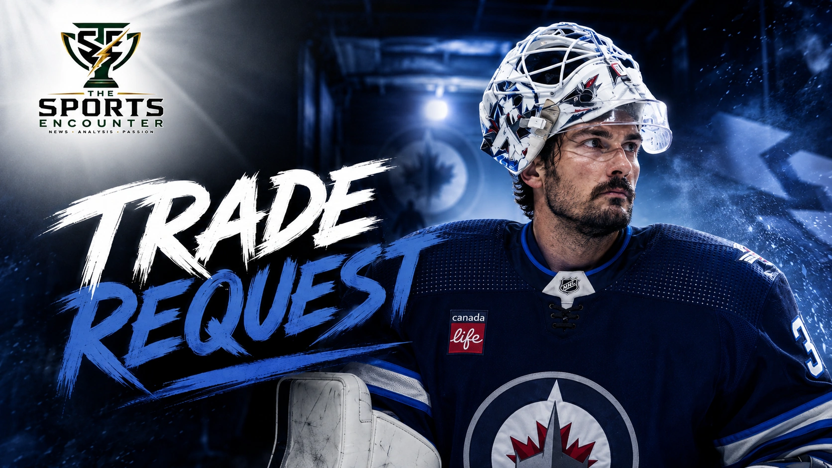 Connor Hellebuyck in Winnipeg Jets colors as his trade request raises major questions about the franchise’s future.