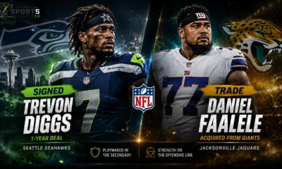 Trevon Diggs in a Seattle Seahawks-themed NFL signing graphic alongside Daniel Faalele in a Jacksonville Jaguars trade graphic.