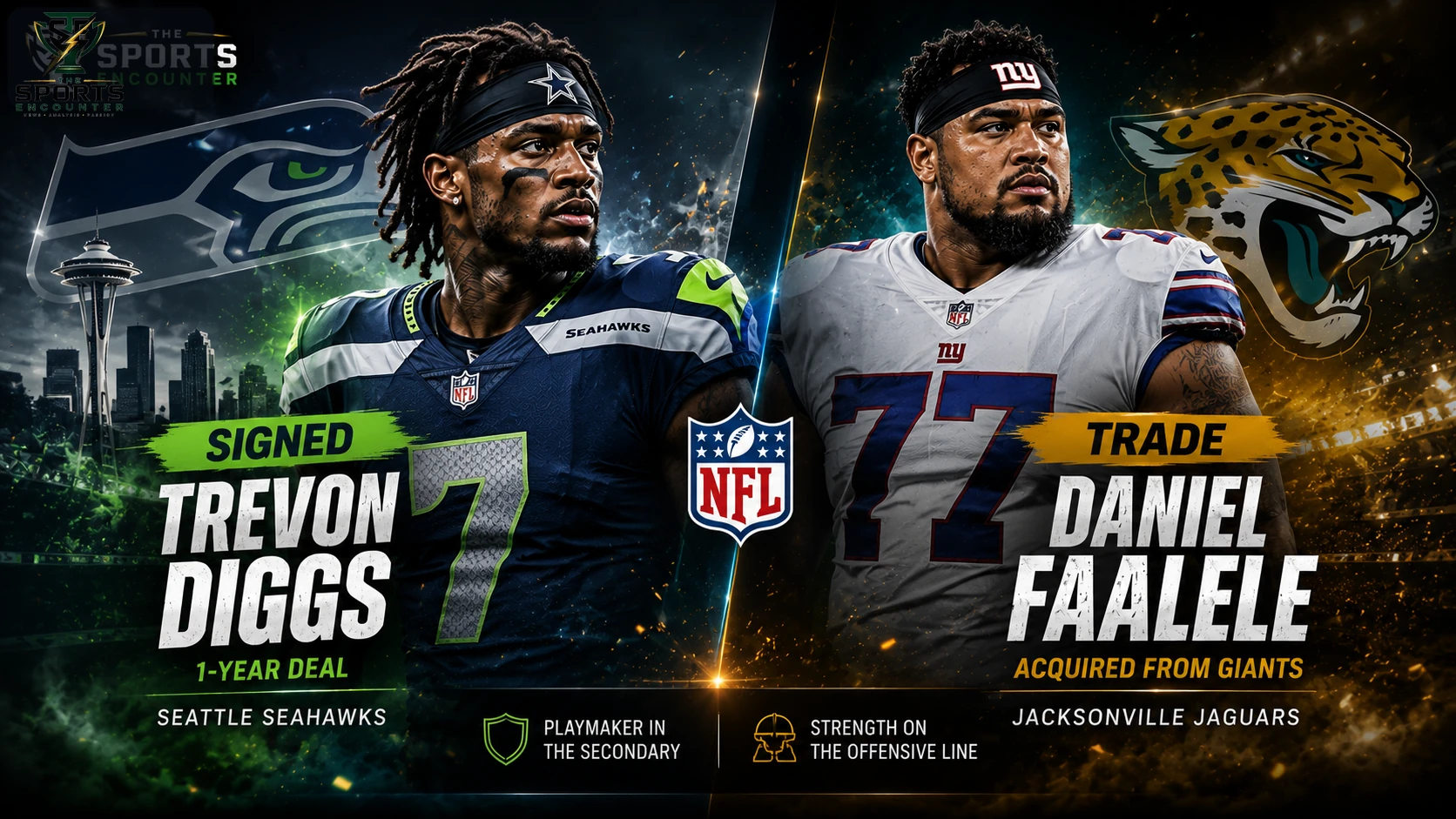Trevon Diggs in a Seattle Seahawks-themed NFL signing graphic alongside Daniel Faalele in a Jacksonville Jaguars trade graphic.