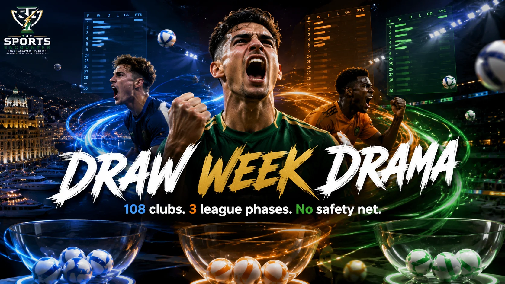 UEFA Champions League, Europa League and Conference League draw graphic highlighting the 108 clubs entering the 2026-27 league phases and the importance of the top-24 qualification line.