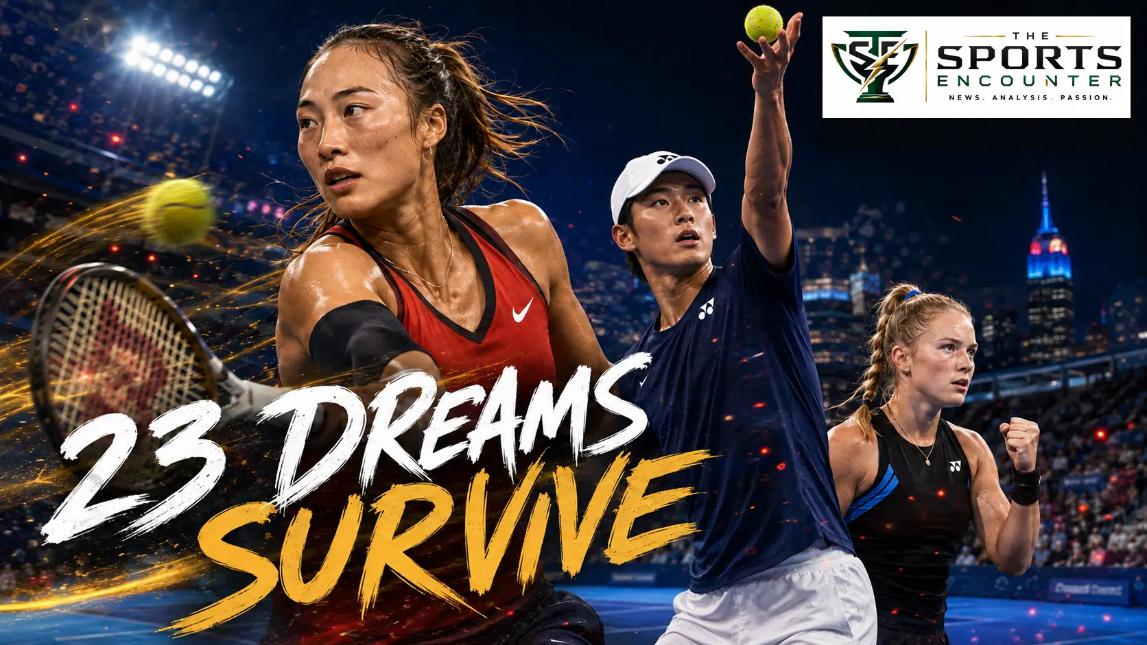 Zheng Qinwen, Rei Sakamoto and Kristina Liutova feature in a cinematic US Open qualifying graphic after 23 players secured main-draw places on August 28.