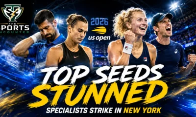 Novak Djokovic and Aryna Sabalenka featured in a US Open mixed-doubles graphic after their first-round loss to Katerina Siniakova and Henry Patten.