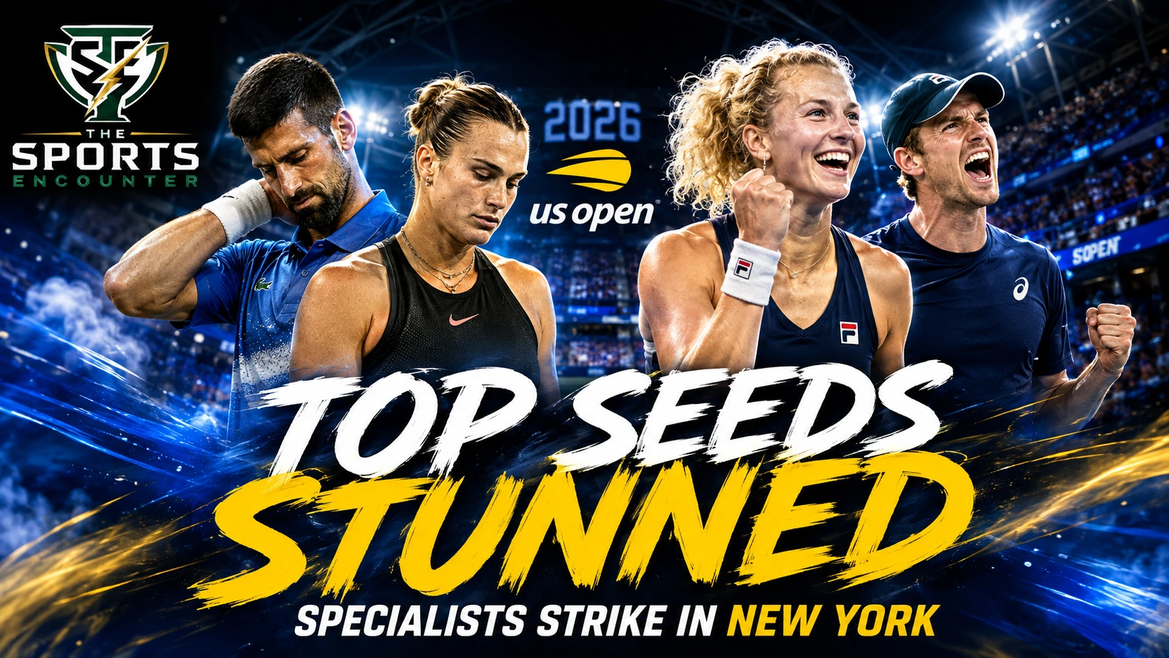 Novak Djokovic and Aryna Sabalenka featured in a US Open mixed-doubles graphic after their first-round loss to Katerina Siniakova and Henry Patten.
