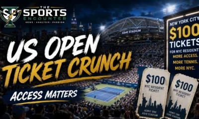 US Open stadium and New York City fans featured in a cinematic graphic about rising ticket prices and the new $100 ticket initiative for local residents.