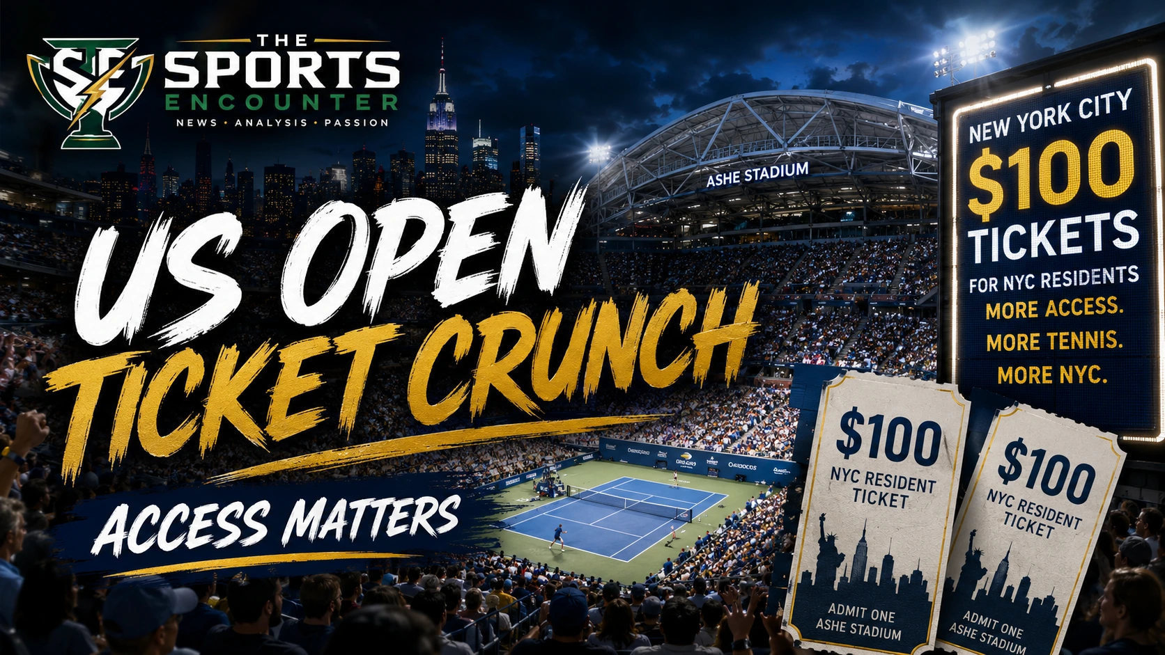 US Open stadium and New York City fans featured in a cinematic graphic about rising ticket prices and the new $100 ticket initiative for local residents.