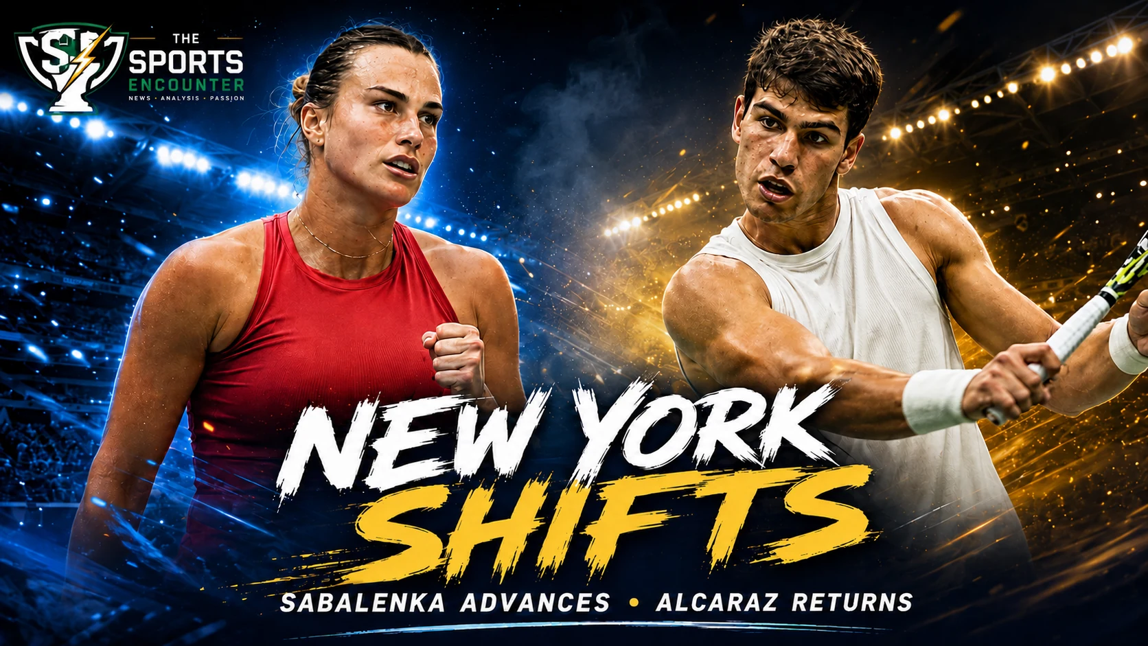 Aryna Sabalenka celebrates her first-round win at the 2026 US Open as Carlos Alcaraz prepares to return to singles competition in New York.