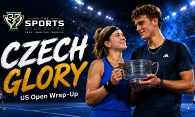 Karolina Muchova and Jakub Mensik celebrate their US Open 2026 mixed doubles title as qualifying action continues in New York.