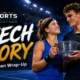 Karolina Muchova and Jakub Mensik celebrate their US Open 2026 mixed doubles title as qualifying action continues in New York.