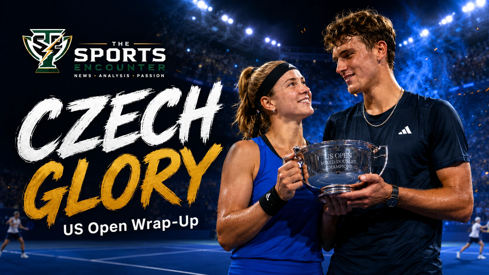 Karolina Muchova and Jakub Mensik celebrate their US Open 2026 mixed doubles title as qualifying action continues in New York.