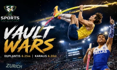 Mondo Duplantis and Emmanouil Karalis celebrate after clearing 6.25m and 6.20m in a historic men’s pole vault duel in Zurich.