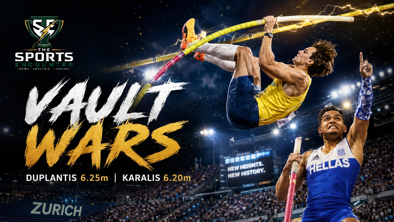 Mondo Duplantis and Emmanouil Karalis celebrate after clearing 6.25m and 6.20m in a historic men’s pole vault duel in Zurich.