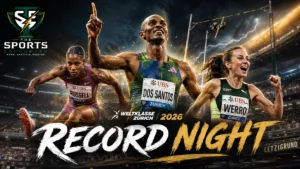 Alison dos Santos, Masai Russell and Audrey Werro featured in a cinematic Weltklasse Zurich 2026 athletics graphic highlighting two world records and Werro’s 1:53.70 performance.