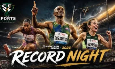Alison dos Santos, Masai Russell and Audrey Werro featured in a cinematic Weltklasse Zurich 2026 athletics graphic highlighting two world records and Werro’s 1:53.70 performance.