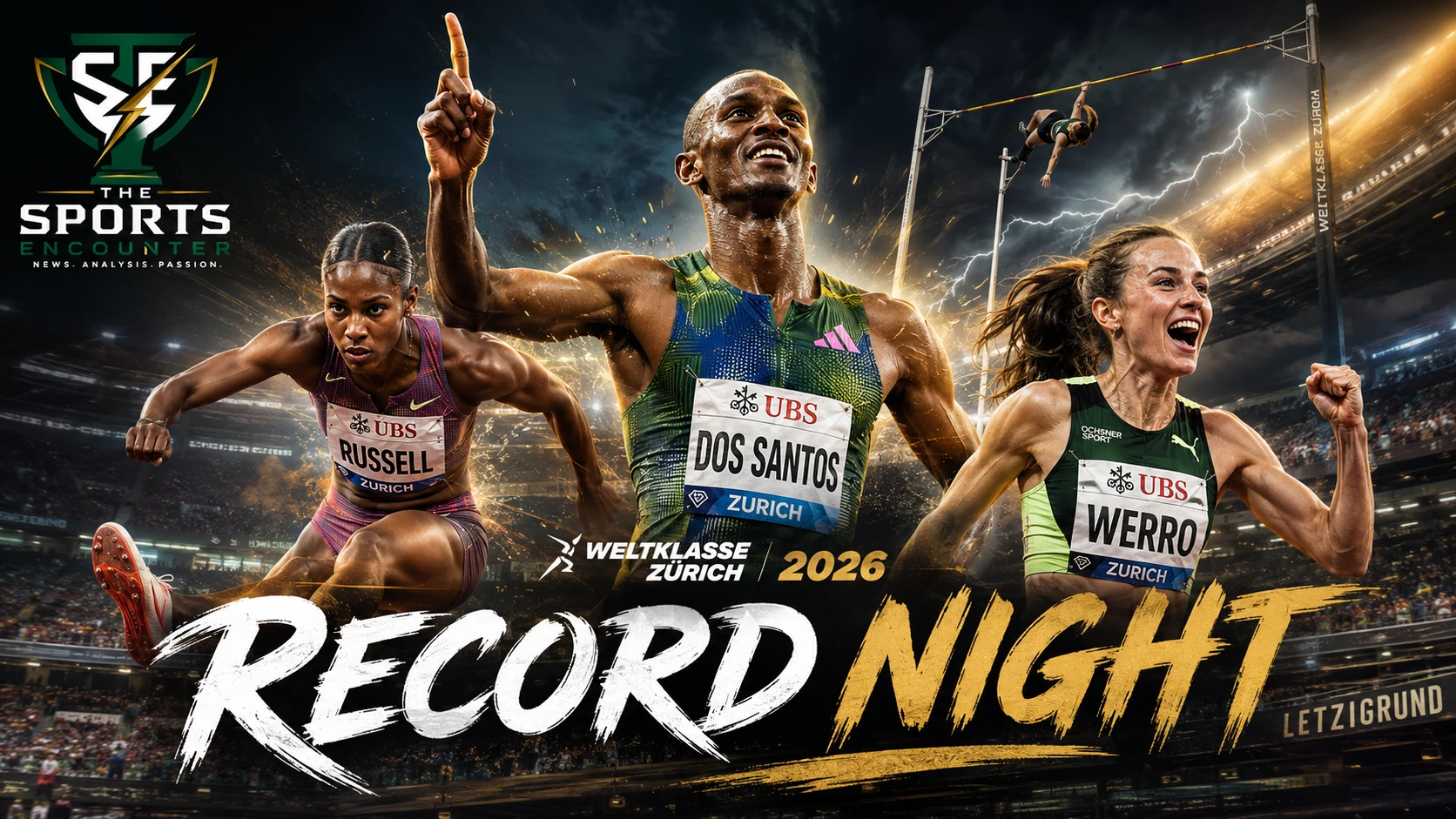 Alison dos Santos, Masai Russell and Audrey Werro featured in a cinematic Weltklasse Zurich 2026 athletics graphic highlighting two world records and Werro’s 1:53.70 performance.
