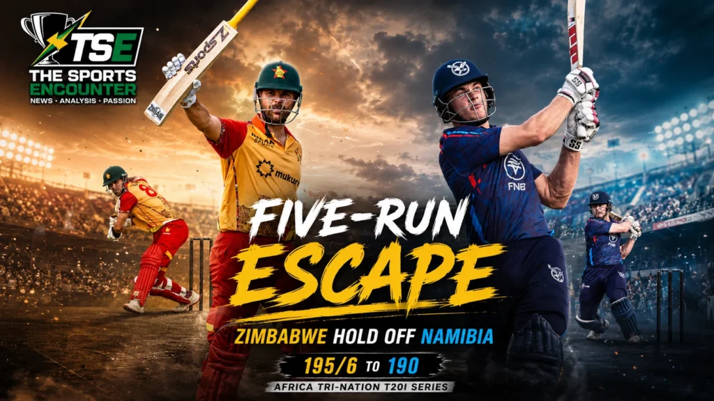 Brad Evans celebrates during Zimbabwe’s five-run win over Namibia in Windhoek after starring with 37 not out and three wickets.