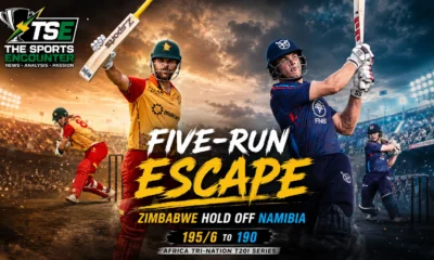 Brad Evans celebrates during Zimbabwe’s five-run win over Namibia in Windhoek after starring with 37 not out and three wickets.