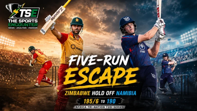 Brad Evans celebrates during Zimbabwe’s five-run win over Namibia in Windhoek after starring with 37 not out and three wickets.