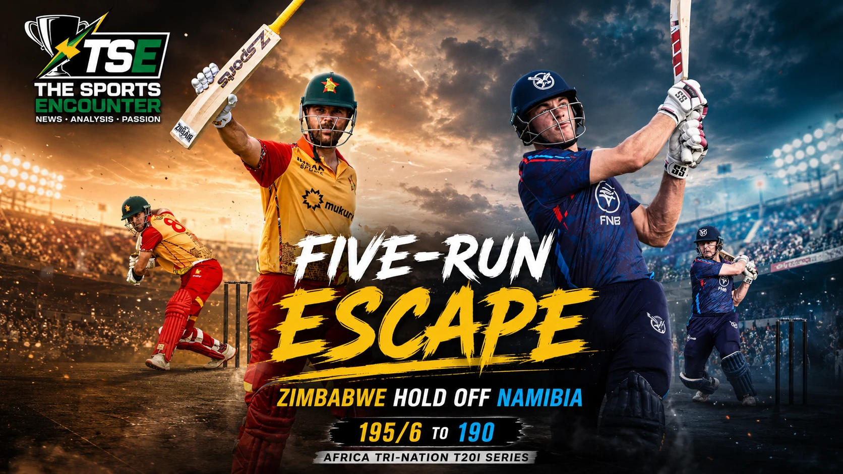 Brad Evans celebrates during Zimbabwe’s five-run win over Namibia in Windhoek after starring with 37 not out and three wickets.