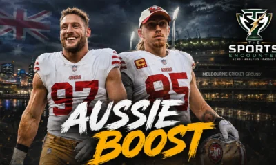 Nick Bosa and George Kittle featured in a cinematic 49ers graphic ahead of the historic 2026 NFL opener against the Los Angeles Rams in Melbourne, Australia.