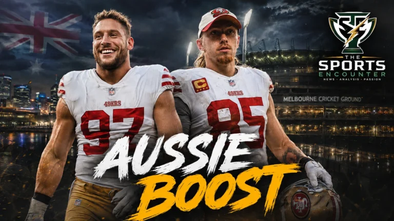 Nick Bosa and George Kittle featured in a cinematic 49ers graphic ahead of the historic 2026 NFL opener against the Los Angeles Rams in Melbourne, Australia.