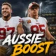 Nick Bosa and George Kittle featured in a cinematic 49ers graphic ahead of the historic 2026 NFL opener against the Los Angeles Rams in Melbourne, Australia.